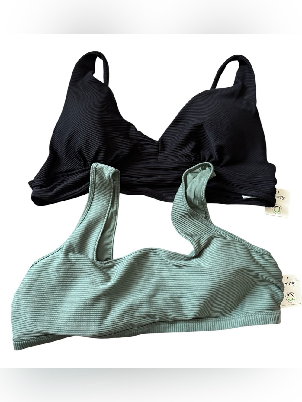 George NWT Lot 2 Ribbed Bikini Tops Black Sage Green XXL Triangle Bralette